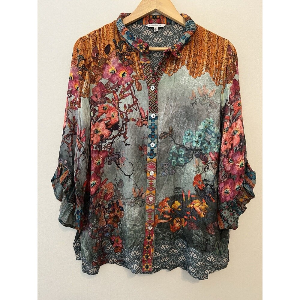 John Mark Women’s Large  Button Shirt Floral Print Multicolor 100% Rayon